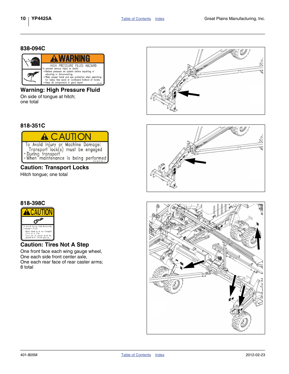 094c warning: high pressure fluid, 351c caution: transport locks, 398c caution: tires not a step | Great Plains YP4425A Operator Manual User Manual | Page 14 / 166