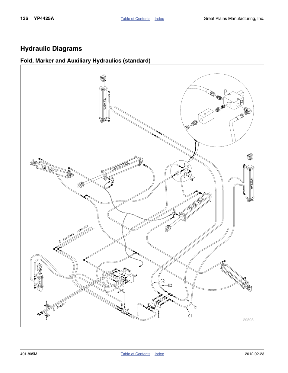 Hydraulic diagrams, Fold, marker and auxiliary hydraulics (standard) | Great Plains YP4425A Operator Manual User Manual | Page 140 / 166