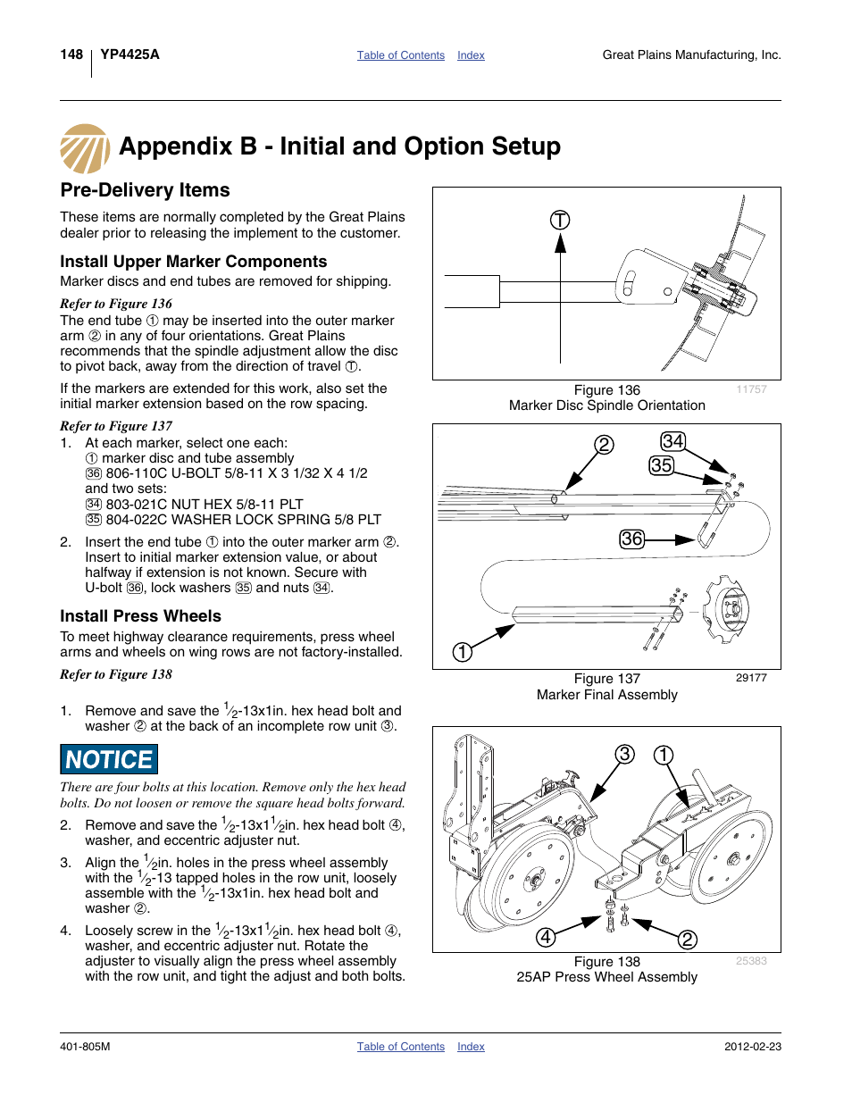 Appendix b - initial and option setup, Pre-delivery items, Install upper marker components | Install press wheels | Great Plains YP4425A Operator Manual User Manual | Page 152 / 166