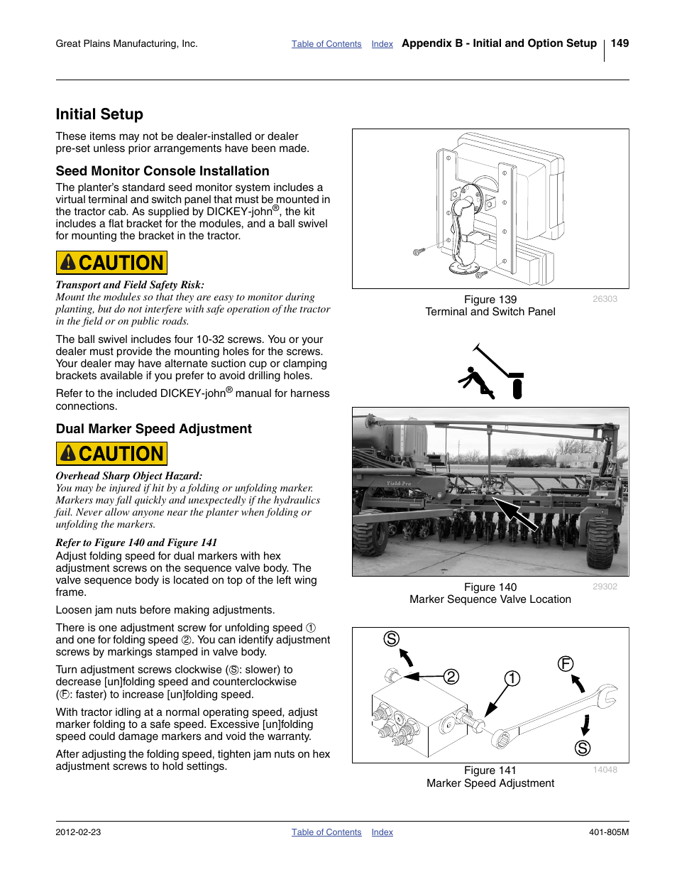 Initial setup, Seed monitor console installation, Dual marker speed adjustment | 12 f s s | Great Plains YP4425A Operator Manual User Manual | Page 153 / 166