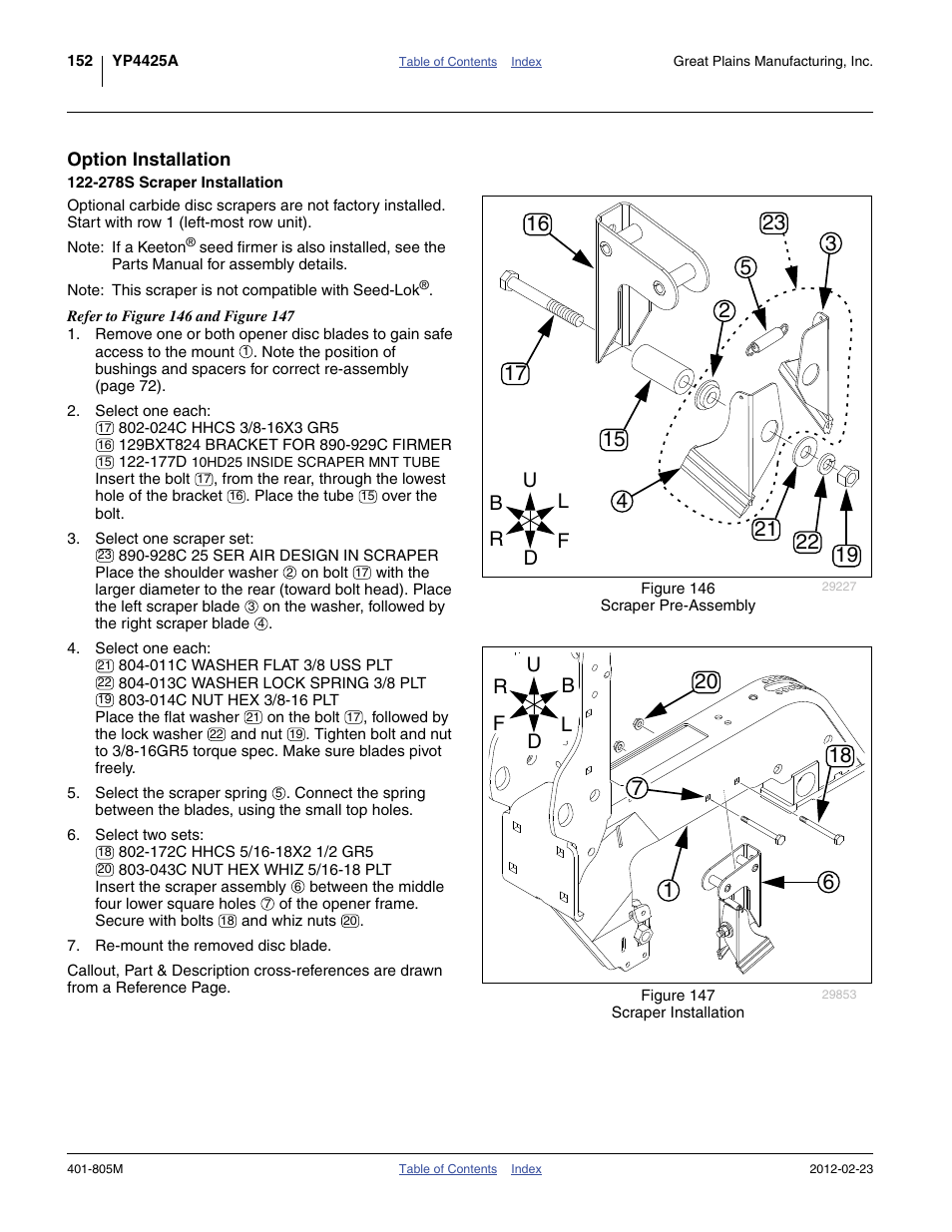Option installation, 278s scraper installation | Great Plains YP4425A Operator Manual User Manual | Page 156 / 166
