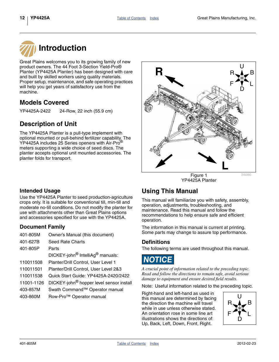 Introduction, Models covered, Description of unit | Intended usage, Document family, Using this manual, Definitions, Introduction models covered description of unit, Intended usage document family, Models covered description of unit | Great Plains YP4425A Operator Manual User Manual | Page 16 / 166