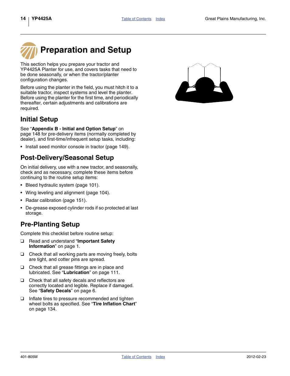 Preparation and setup, Initial setup, Post-delivery/seasonal setup | Pre-planting setup | Great Plains YP4425A Operator Manual User Manual | Page 18 / 166
