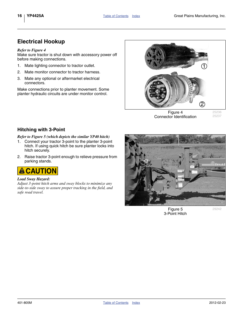 Electrical hookup, Hitching with 3-point | Great Plains YP4425A Operator Manual User Manual | Page 20 / 166