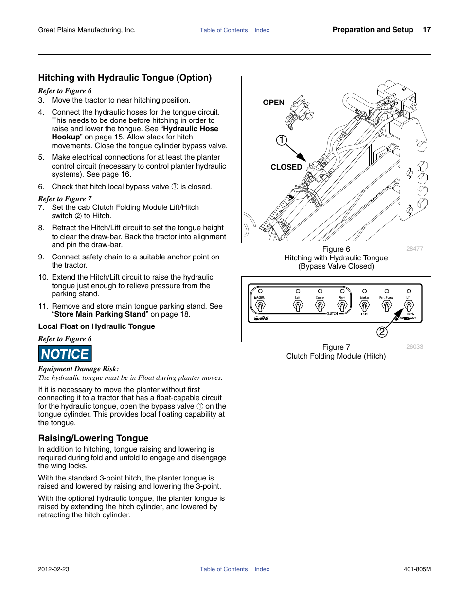 Hitching with hydraulic tongue (option), Local float on hydraulic tongue, Raising/lowering tongue | Great Plains YP4425A Operator Manual User Manual | Page 21 / 166