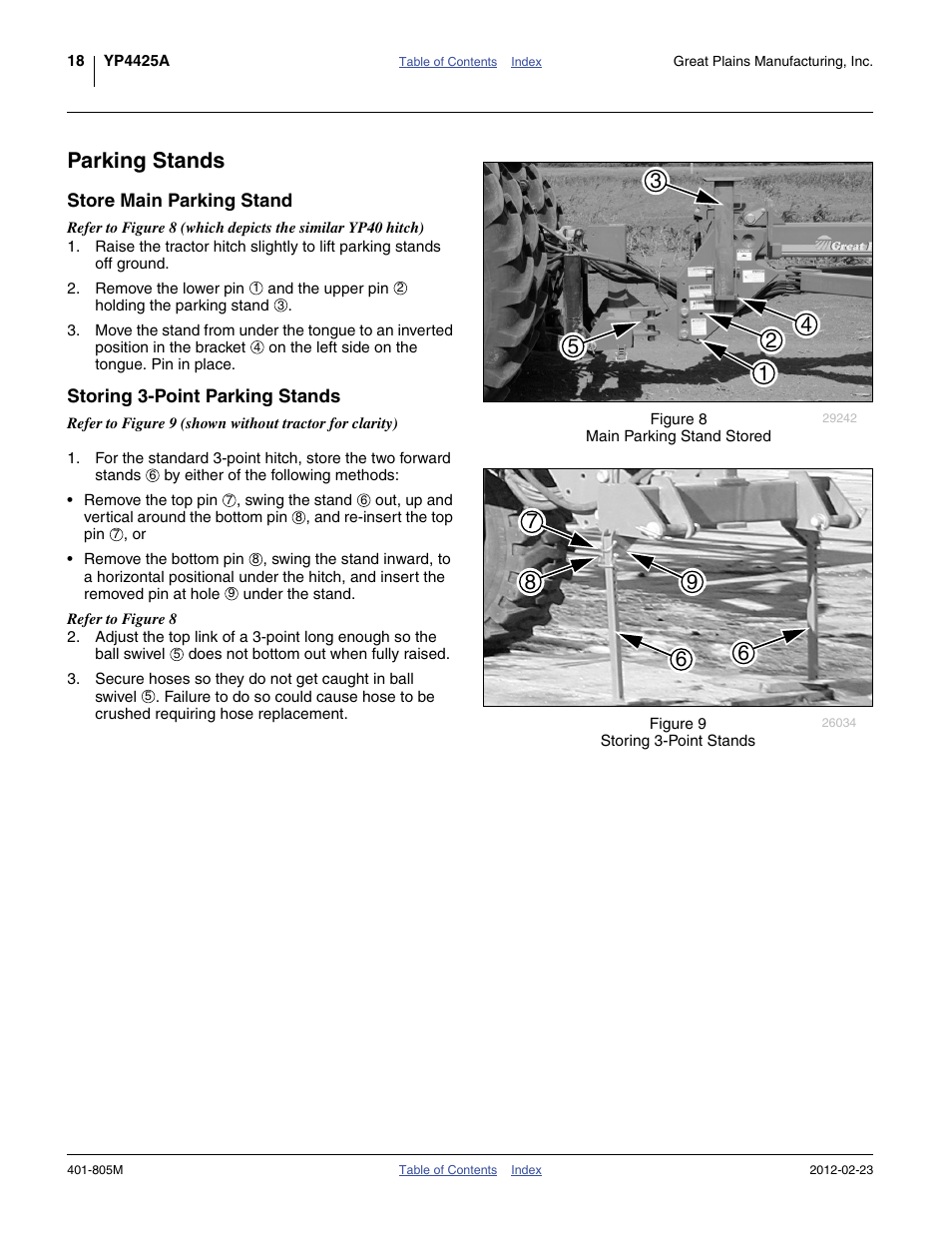 Parking stands, Store main parking stand, Storing 3-point parking stands | King stand. see | Great Plains YP4425A Operator Manual User Manual | Page 22 / 166