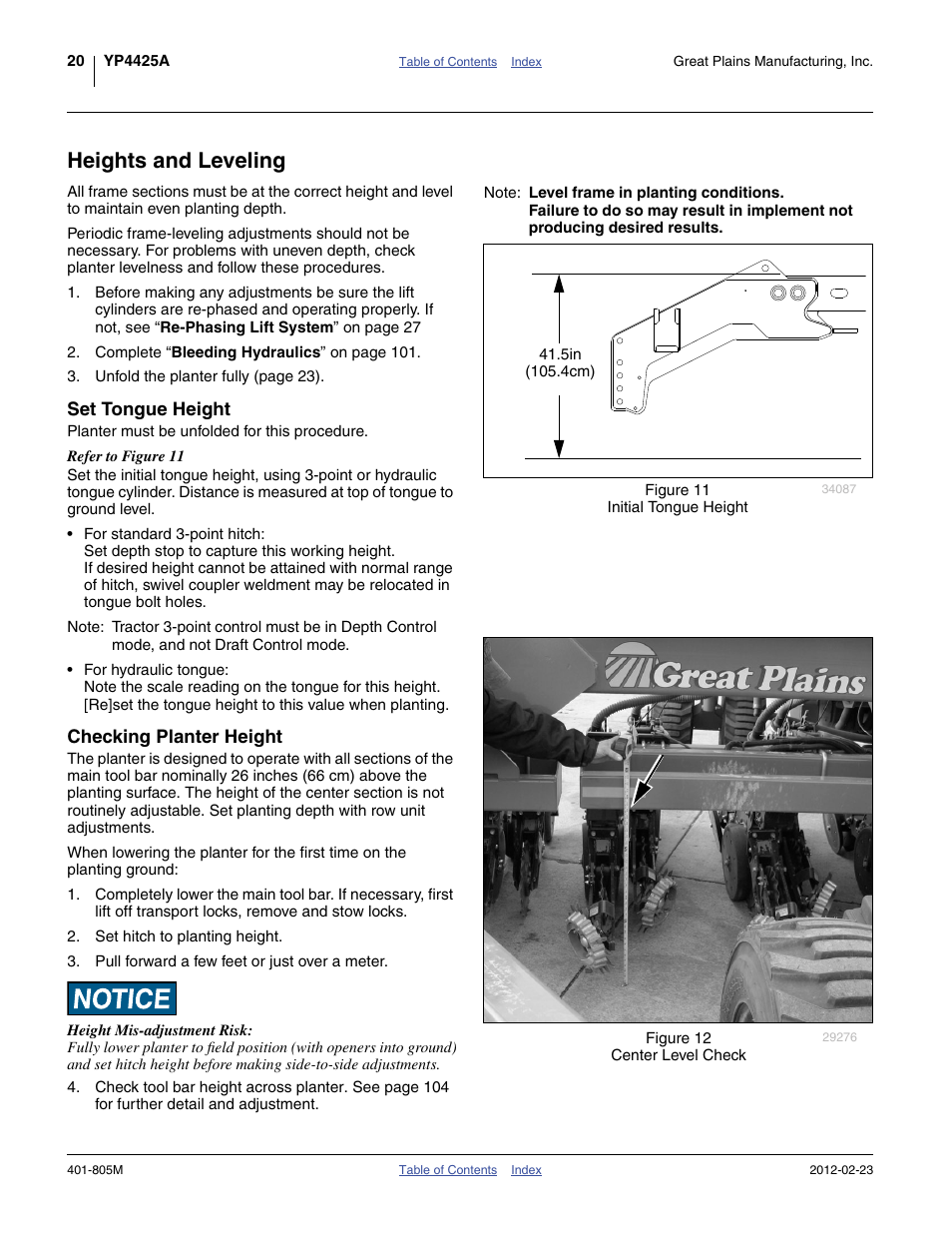 Heights and leveling, Set tongue height, Checking planter height | Great Plains YP4425A Operator Manual User Manual | Page 24 / 166