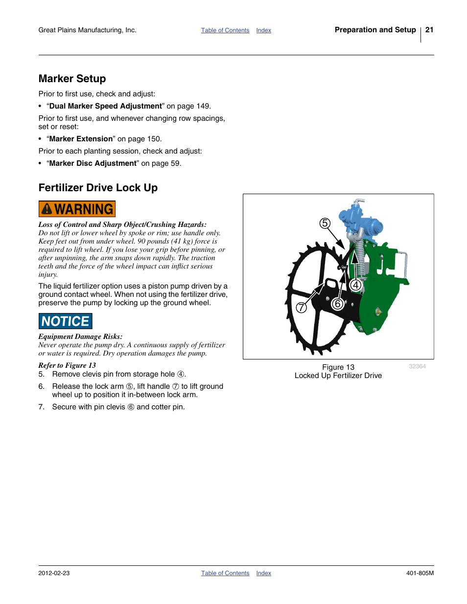 Marker setup, Fertilizer drive lock up, Marker setup fertilizer drive lock up | Great Plains YP4425A Operator Manual User Manual | Page 25 / 166