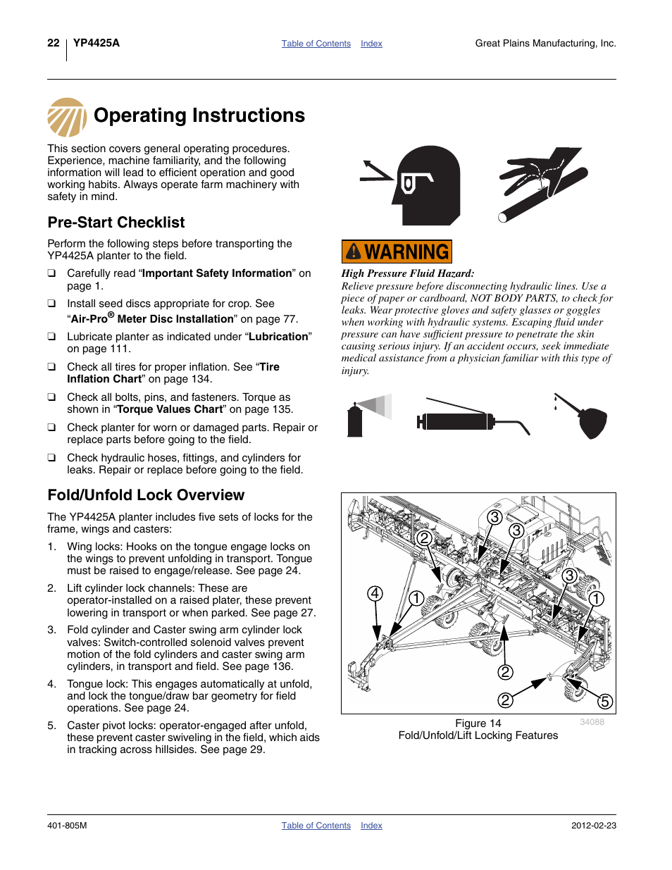 Operating instructions, Pre-start checklist, Fold/unfold lock overview | Great Plains YP4425A Operator Manual User Manual | Page 26 / 166