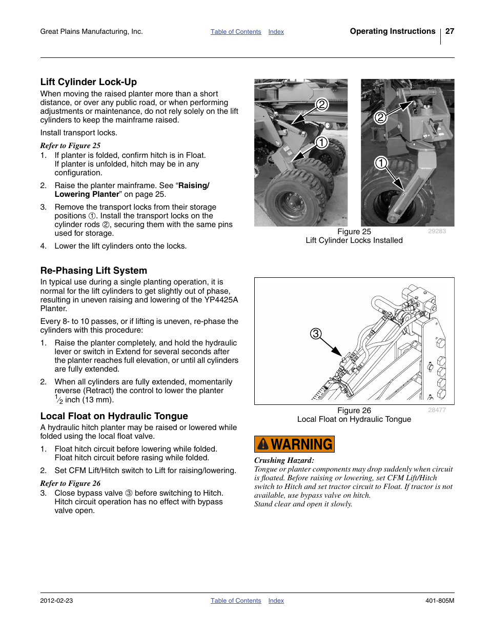 Lift cylinder lock-up, Re-phasing lift system, Local float on hydraulic tongue | Great Plains YP4425A Operator Manual User Manual | Page 31 / 166