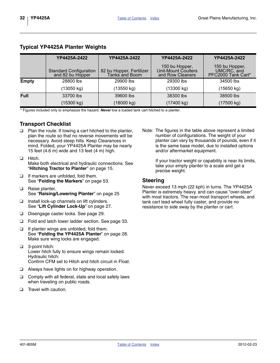 Typical yp4425a planter weights, Transport checklist, Steering | Great Plains YP4425A Operator Manual User Manual | Page 36 / 166