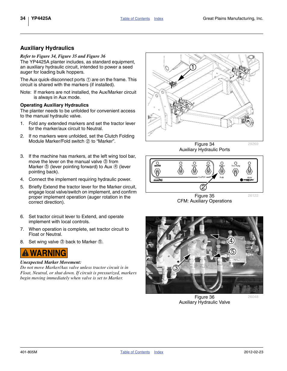 Auxiliary hydraulics, Operating auxiliary hydraulics | Great Plains YP4425A Operator Manual User Manual | Page 38 / 166
