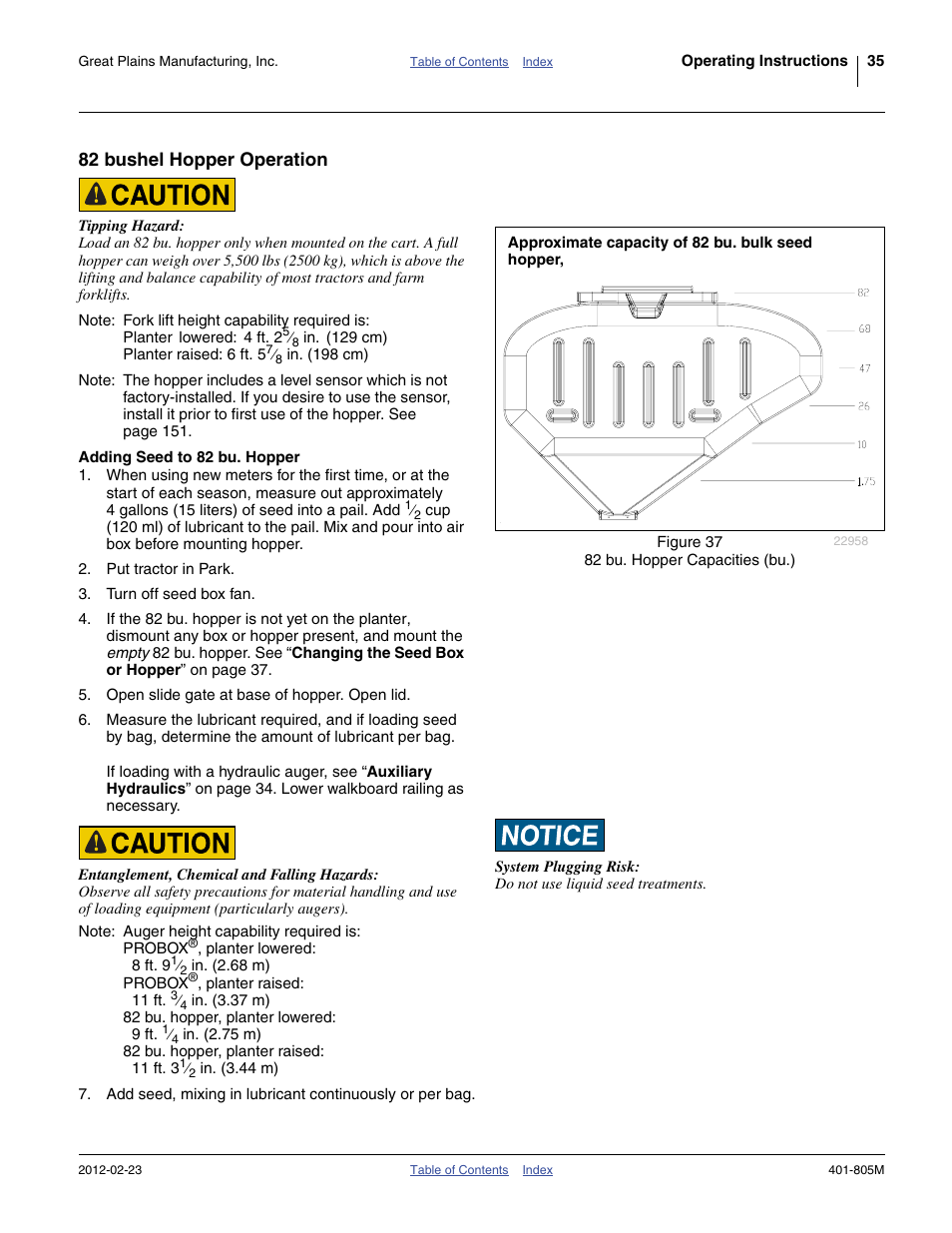 82 bushel hopper operation, Adding seed to 82 bu. hopper | Great Plains YP4425A Operator Manual User Manual | Page 39 / 166