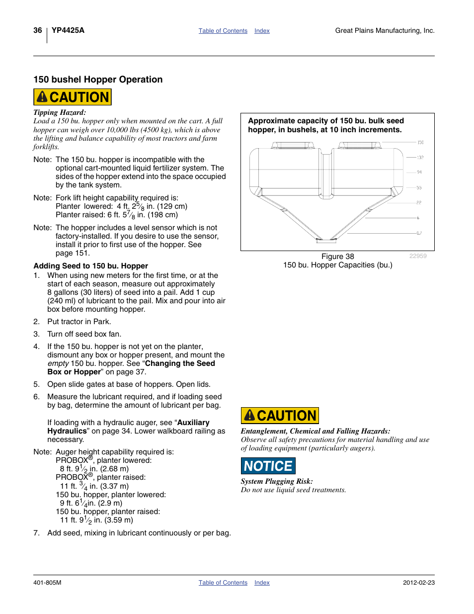 150 bushel hopper operation, Adding seed to 150 bu. hopper | Great Plains YP4425A Operator Manual User Manual | Page 40 / 166