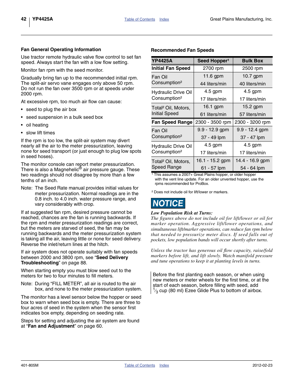 Fan general operating information, Recommended fan speeds | Great Plains YP4425A Operator Manual User Manual | Page 46 / 166