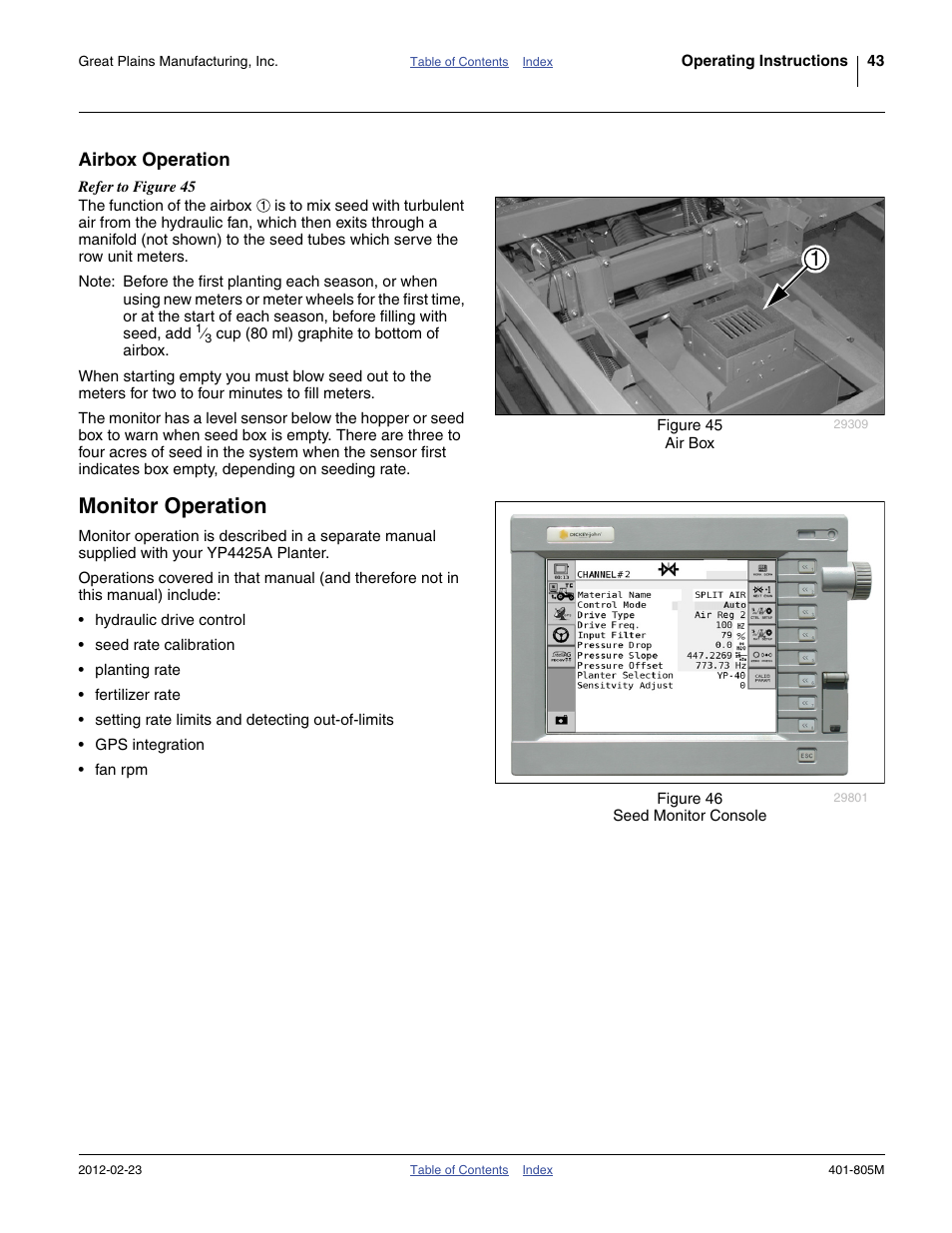 Airbox operation, Monitor operation | Great Plains YP4425A Operator Manual User Manual | Page 47 / 166