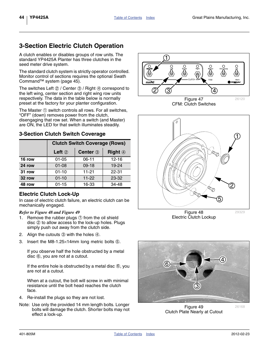 Section electric clutch operation, Section clutch switch coverage, Electric clutch lock-up | Great Plains YP4425A Operator Manual User Manual | Page 48 / 166
