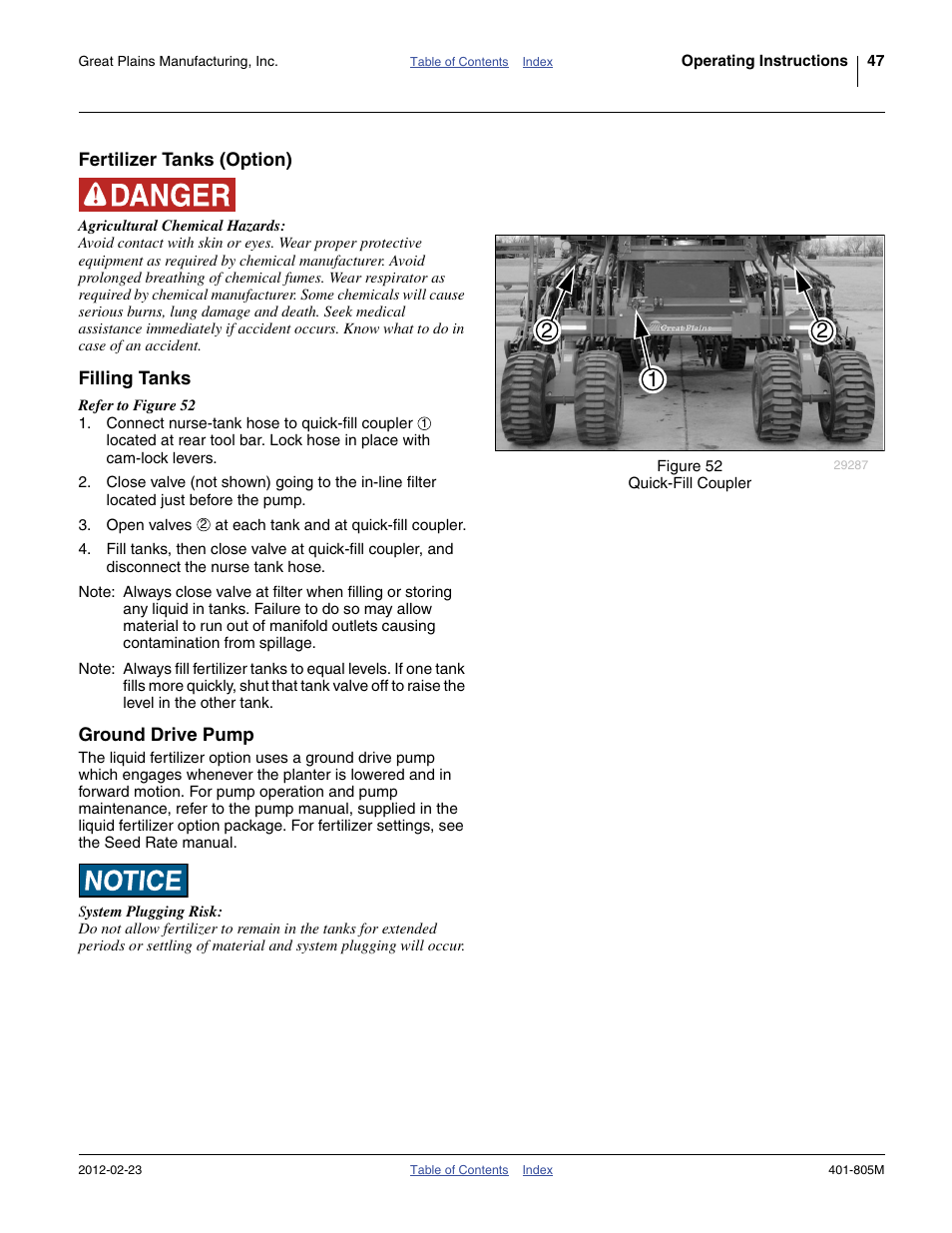 Fertilizer tanks (option), Filling tanks, Ground drive pump | Great Plains YP4425A Operator Manual User Manual | Page 51 / 166