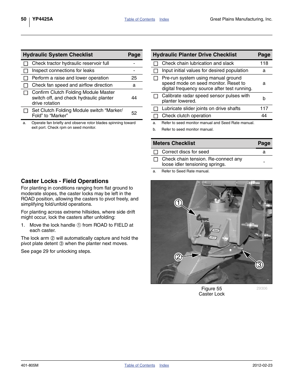 Caster locks - field operations | Great Plains YP4425A Operator Manual User Manual | Page 54 / 166
