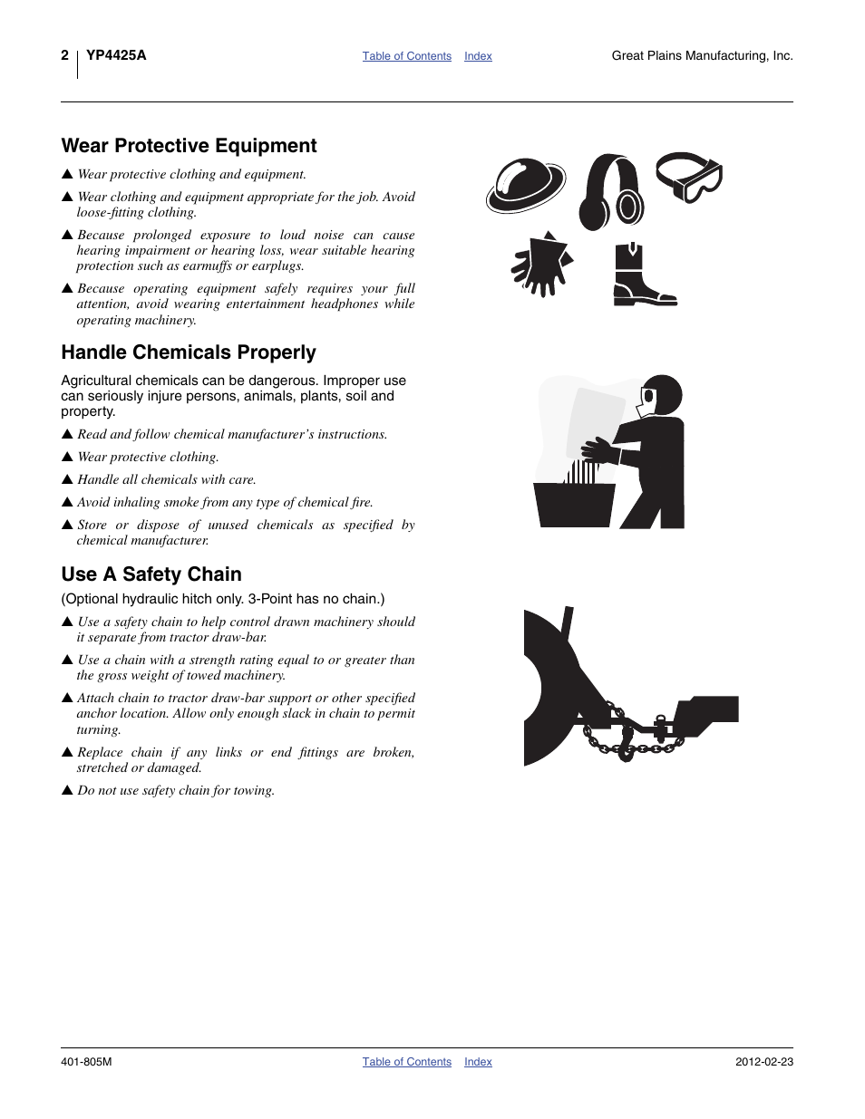 Wear protective equipment, Handle chemicals properly, Use a safety chain | Great Plains YP4425A Operator Manual User Manual | Page 6 / 166