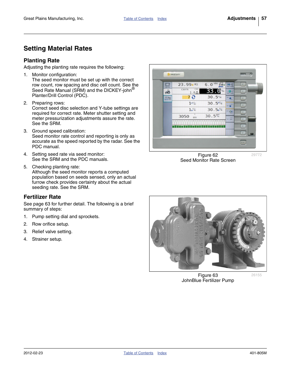 Setting material rates, Planting rate, Fertilizer rate | Planting rate fertilizer rate | Great Plains YP4425A Operator Manual User Manual | Page 61 / 166