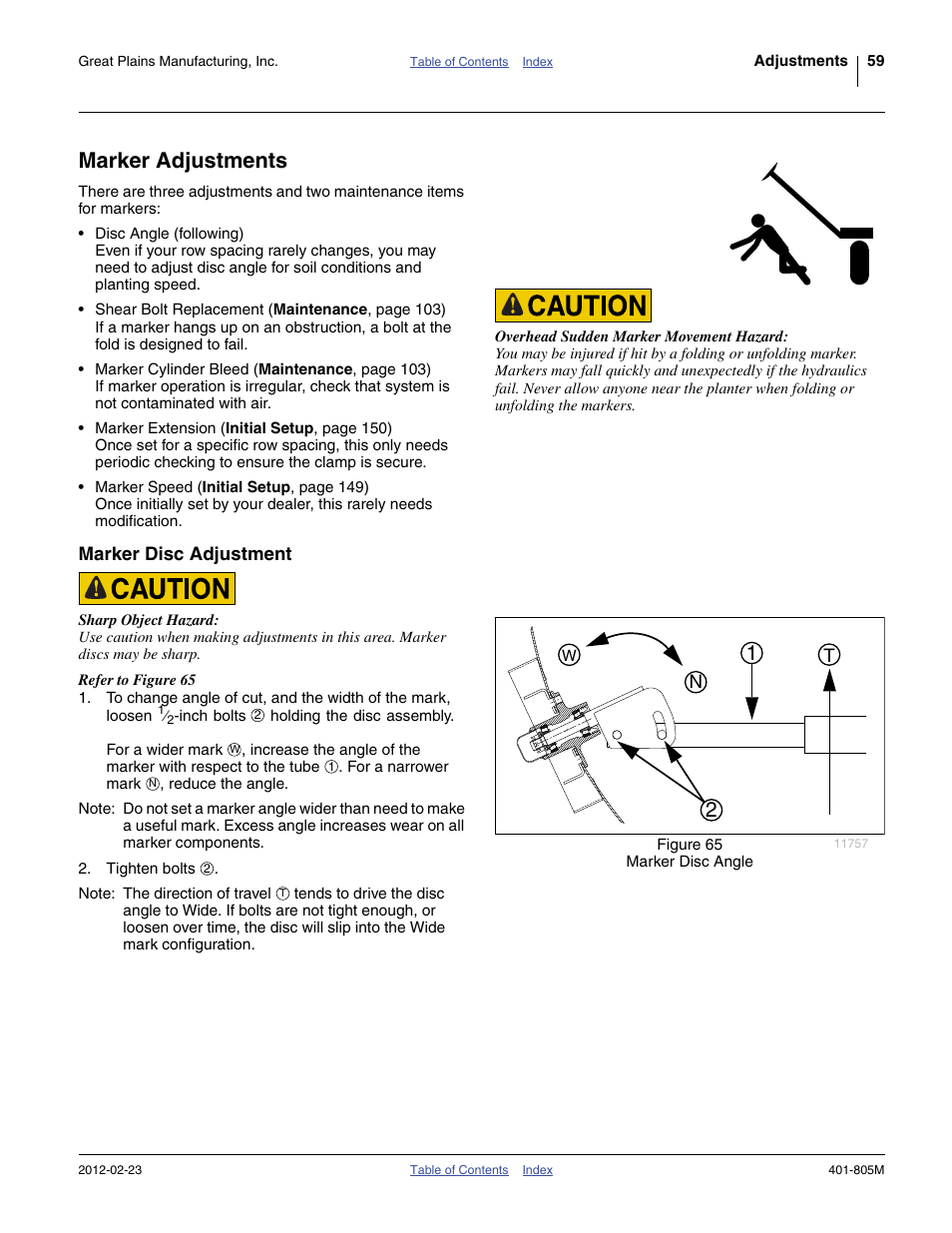 Marker adjustments, Marker disc adjustment | Great Plains YP4425A Operator Manual User Manual | Page 63 / 166