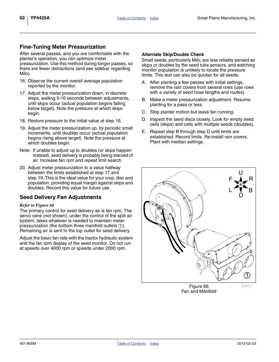 Fine-tuning meter pressurization, Alternate skip/double check, Seed delivery fan adjustments | The “ alternate skip/double check ” belo | Great Plains YP4425A Operator Manual User Manual | Page 66 / 166