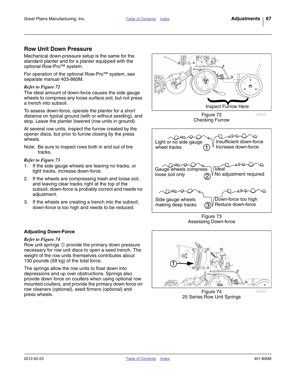 Row unit down pressure, Adjusting down-force | Great Plains YP4425A Operator Manual User Manual | Page 71 / 166