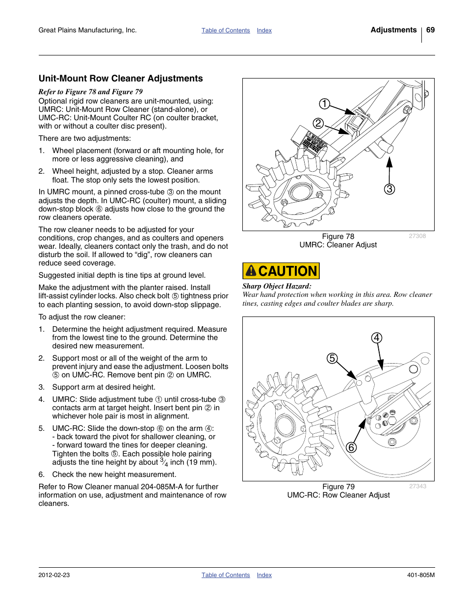 Unit-mount row cleaner adjustments | Great Plains YP4425A Operator Manual User Manual | Page 73 / 166
