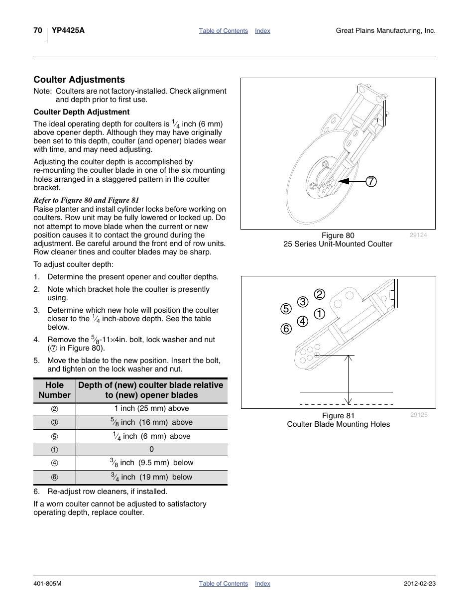 Coulter adjustments, Coulter depth adjustment | Great Plains YP4425A Operator Manual User Manual | Page 74 / 166