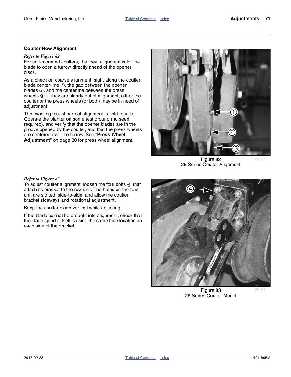 Coulter row alignment | Great Plains YP4425A Operator Manual User Manual | Page 75 / 166