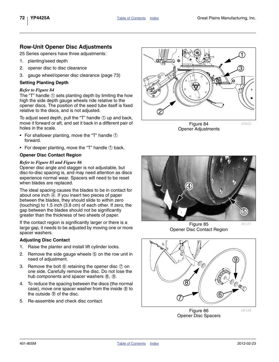 Row-unit opener disc adjustments, Setting planting depth, Opener disc contact region | Adjusting disc contact | Great Plains YP4425A Operator Manual User Manual | Page 76 / 166