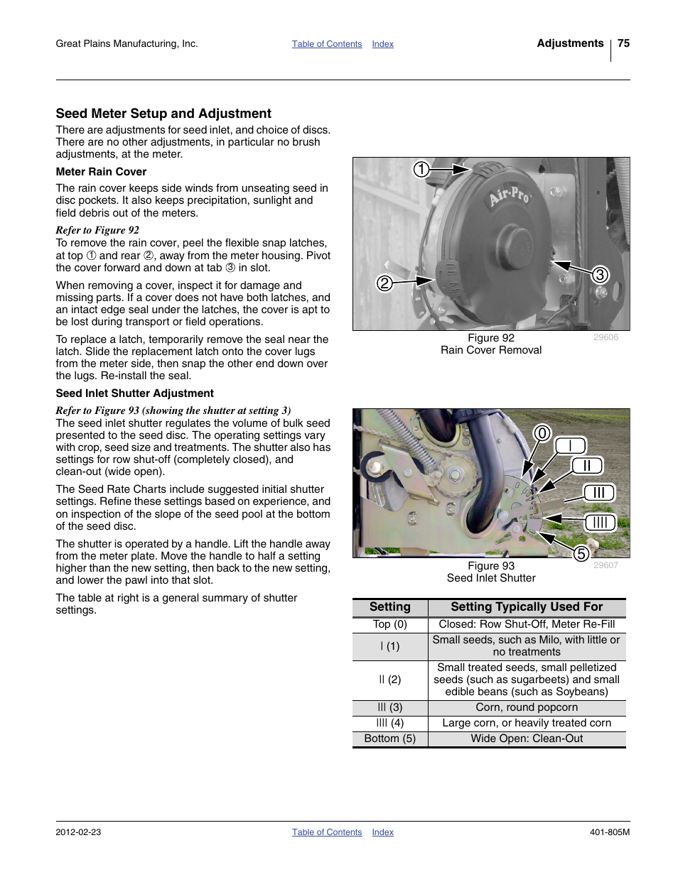 Seed meter setup and adjustment, Meter rain cover, Seed inlet shutter adjustment | Meter rain cover seed inlet shutter adjustment, 05 | ii iii | Great Plains YP4425A Operator Manual User Manual | Page 79 / 166
