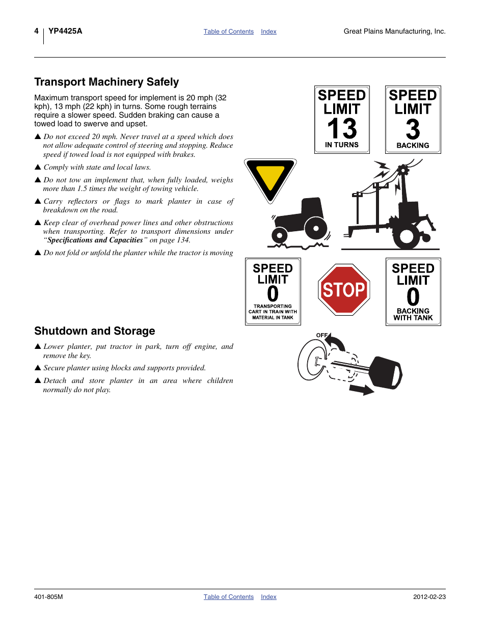 Transport machinery safely, Shutdown and storage | Great Plains YP4425A Operator Manual User Manual | Page 8 / 166