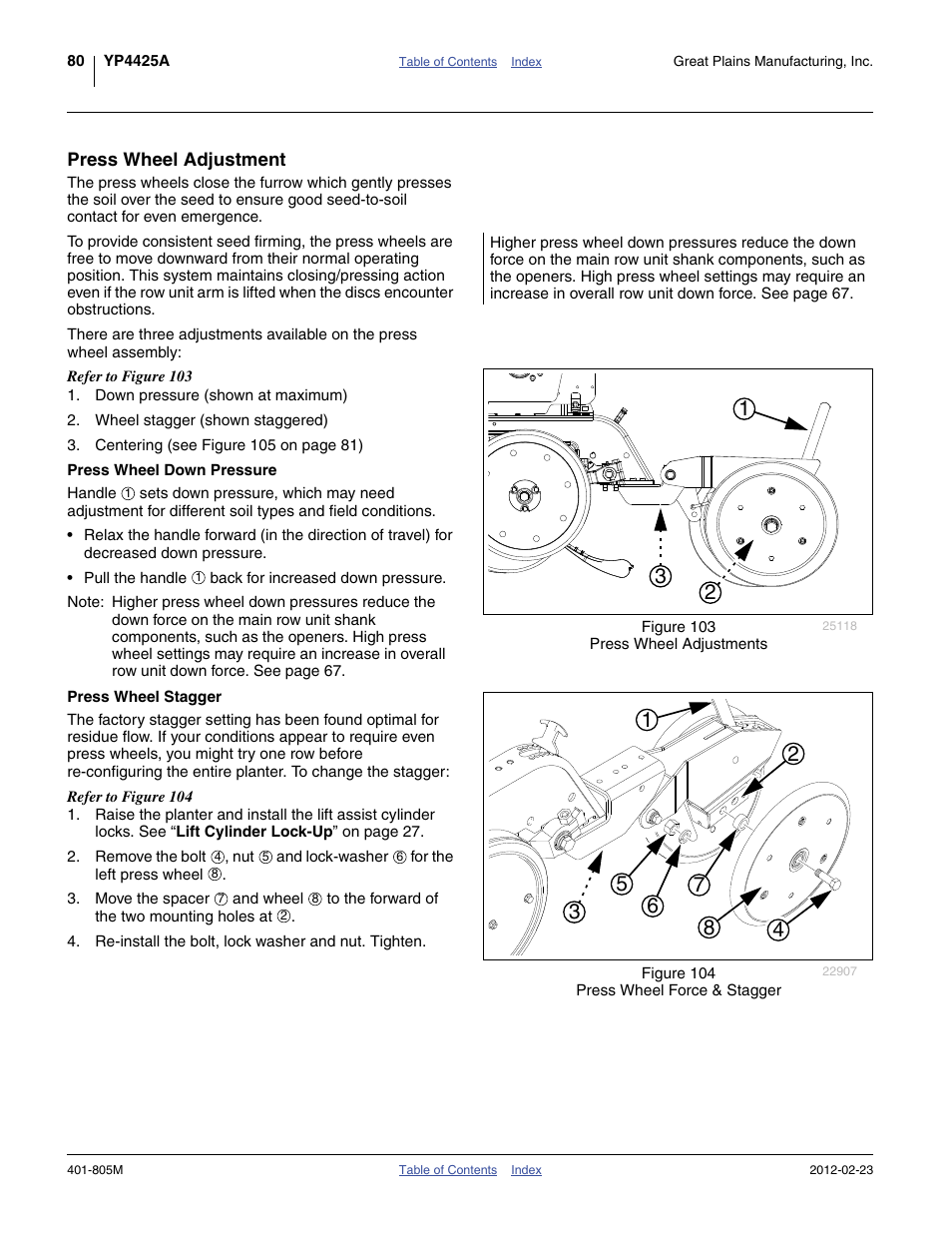 Press wheel adjustment, Press wheel down pressure, Press wheel stagger | Press wheel down pressure press wheel stagger | Great Plains YP4425A Operator Manual User Manual | Page 84 / 166