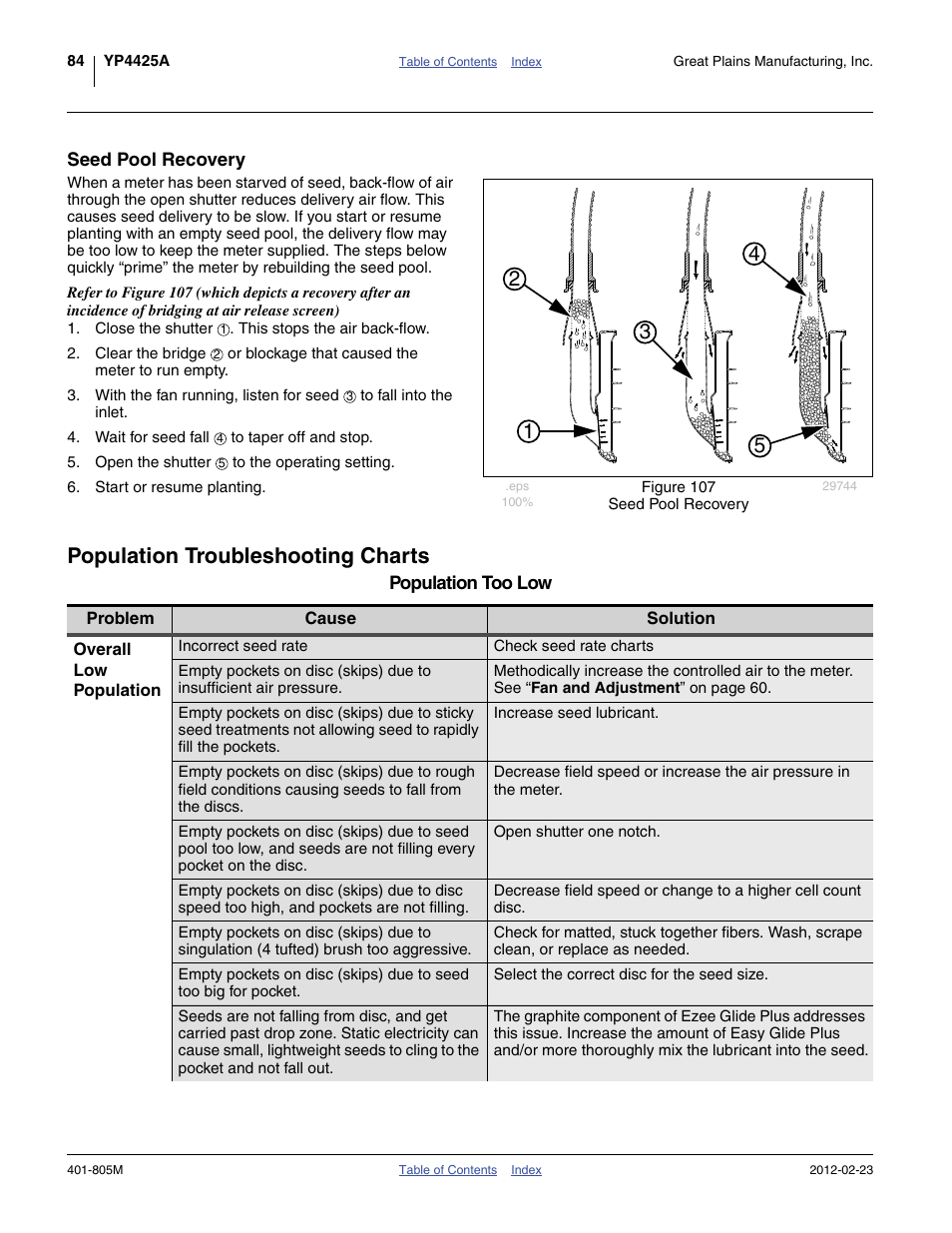 Seed pool recovery, Population troubleshooting charts, E unit. see also “ population too low ” or | Population too low, See “ population too low ” if slightly o | Great Plains YP4425A Operator Manual User Manual | Page 88 / 166
