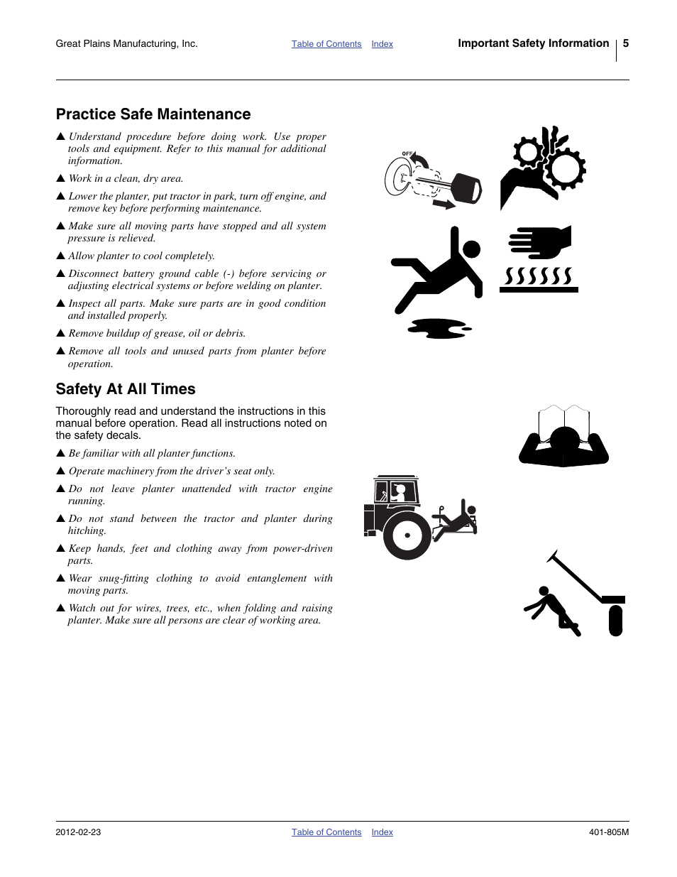 Practice safe maintenance, Safety at all times | Great Plains YP4425A Operator Manual User Manual | Page 9 / 166