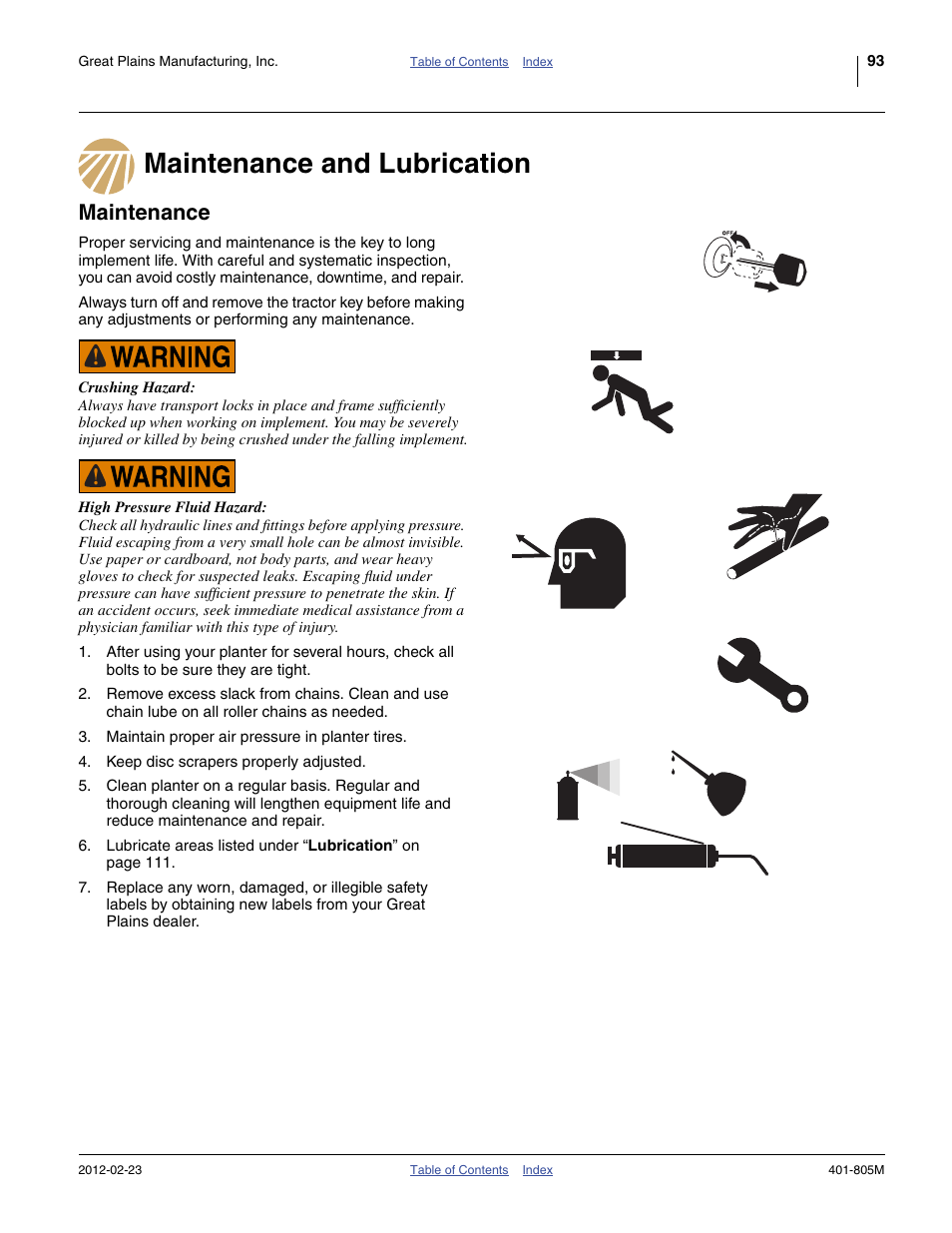 Maintenance and lubrication, Maintenance, Maintenance and lubrication maintenance | Great Plains YP4425A Operator Manual User Manual | Page 97 / 166