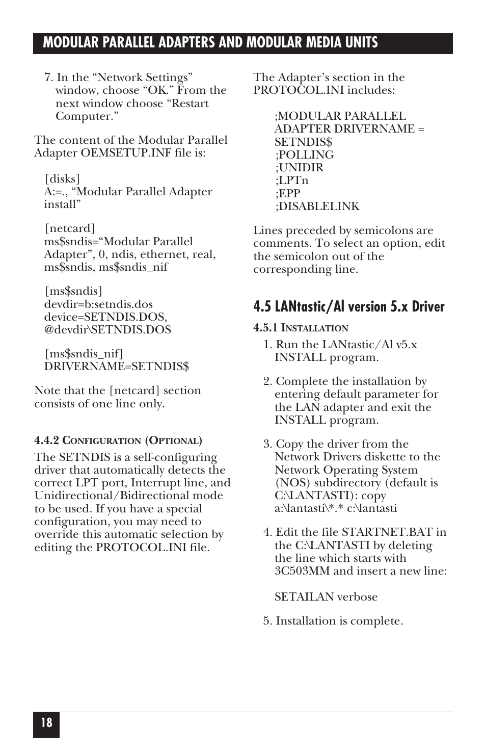 Modular parallel adapters and modular media units, 5 lantastic/al version 5.x driver | Black Box LE073AE-R2 User Manual | Page 19 / 26