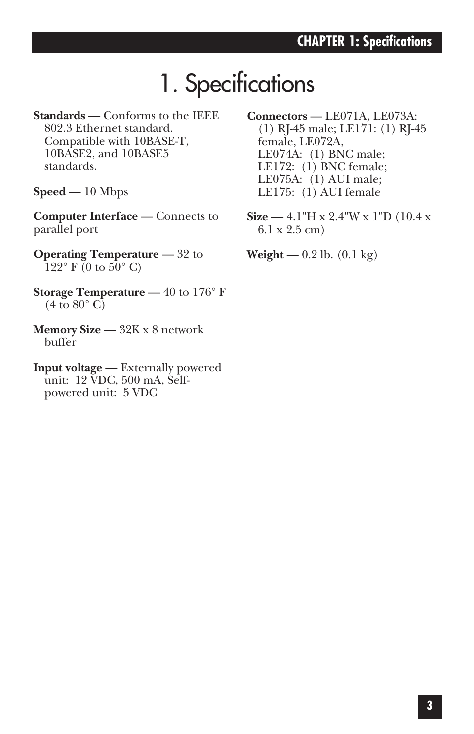 Specifications | Black Box LE073AE-R2 User Manual | Page 4 / 26