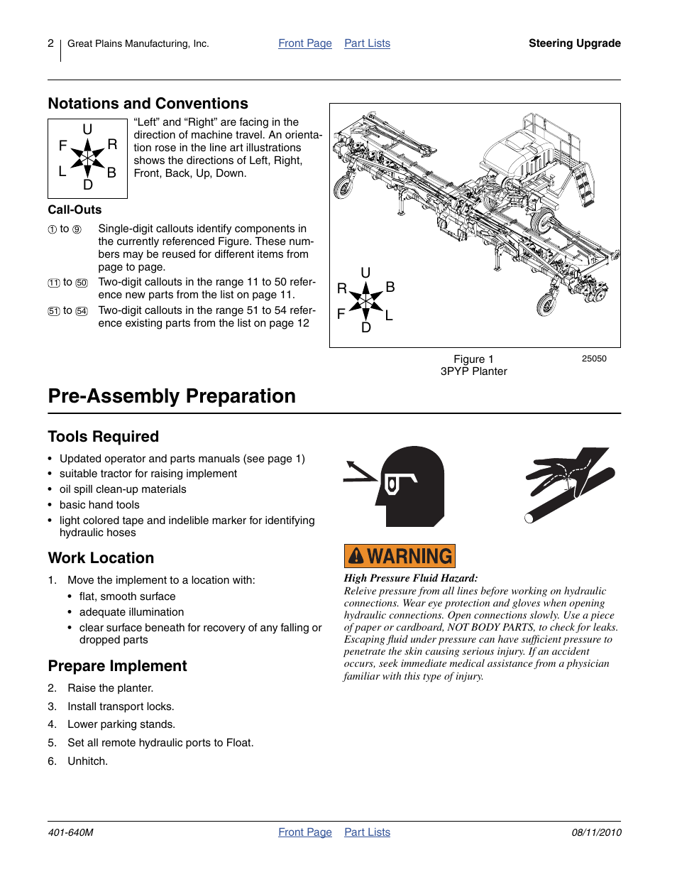 Pre-assembly preparation, Notations and conventions, Tools required | Work location, Prepare implement | Great Plains 3PYP Planters User Manual | Page 2 / 12