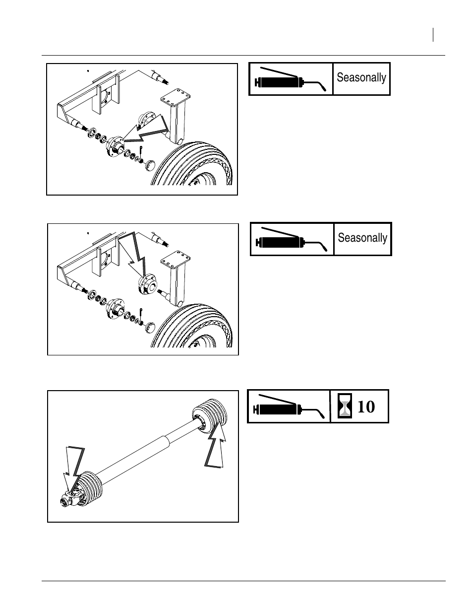 Seasonally, Two walking beam timken bearings, Four wheel bearings | Pto shaft | Great Plains TA520S Operator Manual User Manual | Page 59 / 66