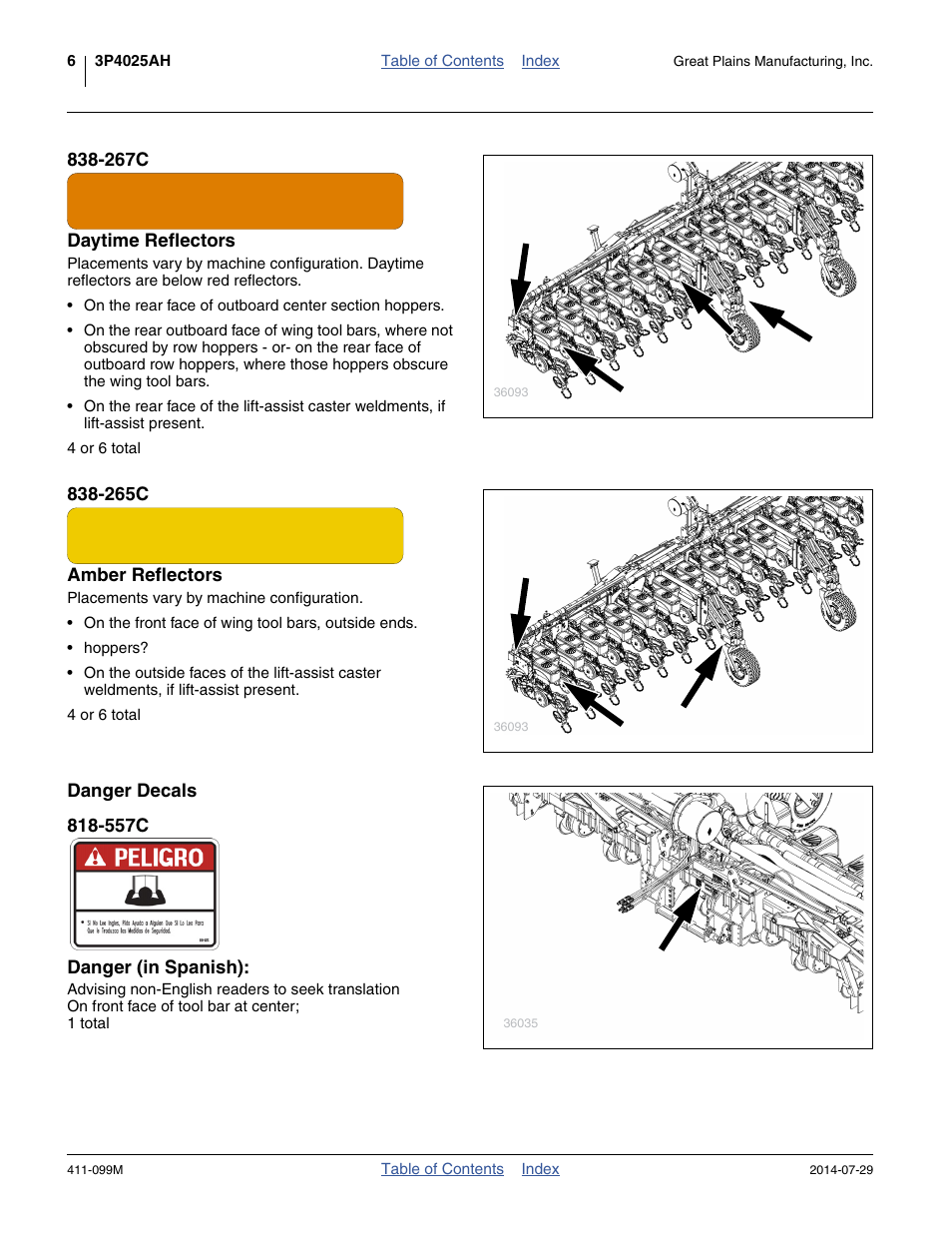 267c daytime reflectors, 265c amber reflectors, Danger decals | 557c danger (in spanish) | Great Plains 3P4025AH Operator Manual User Manual | Page 10 / 132