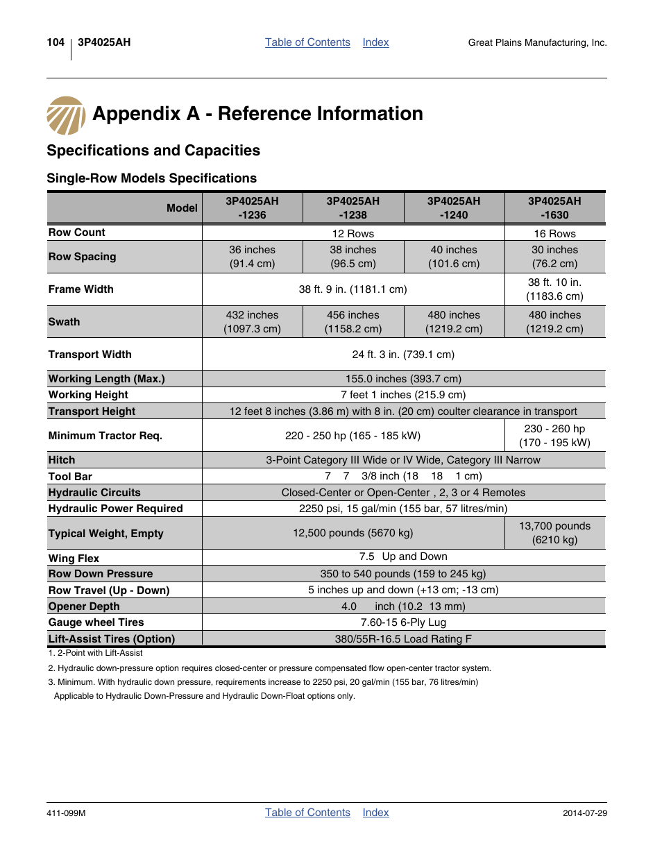 Appendix a - reference information, Specifications and capacities, Single-row models specifications | Or proper inflation. see | Great Plains 3P4025AH Operator Manual User Manual | Page 108 / 132