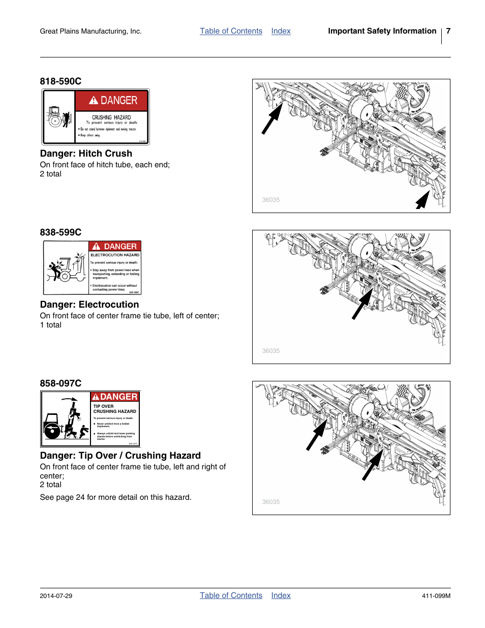 590c danger: hitch crush, 599c danger: electrocution, 097c danger: tip over / crushing hazard | Danger | Great Plains 3P4025AH Operator Manual User Manual | Page 11 / 132