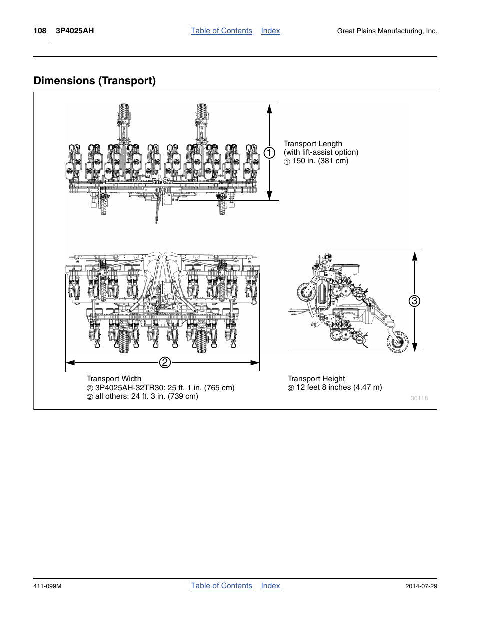 Dimensions (transport) | Great Plains 3P4025AH Operator Manual User Manual | Page 112 / 132