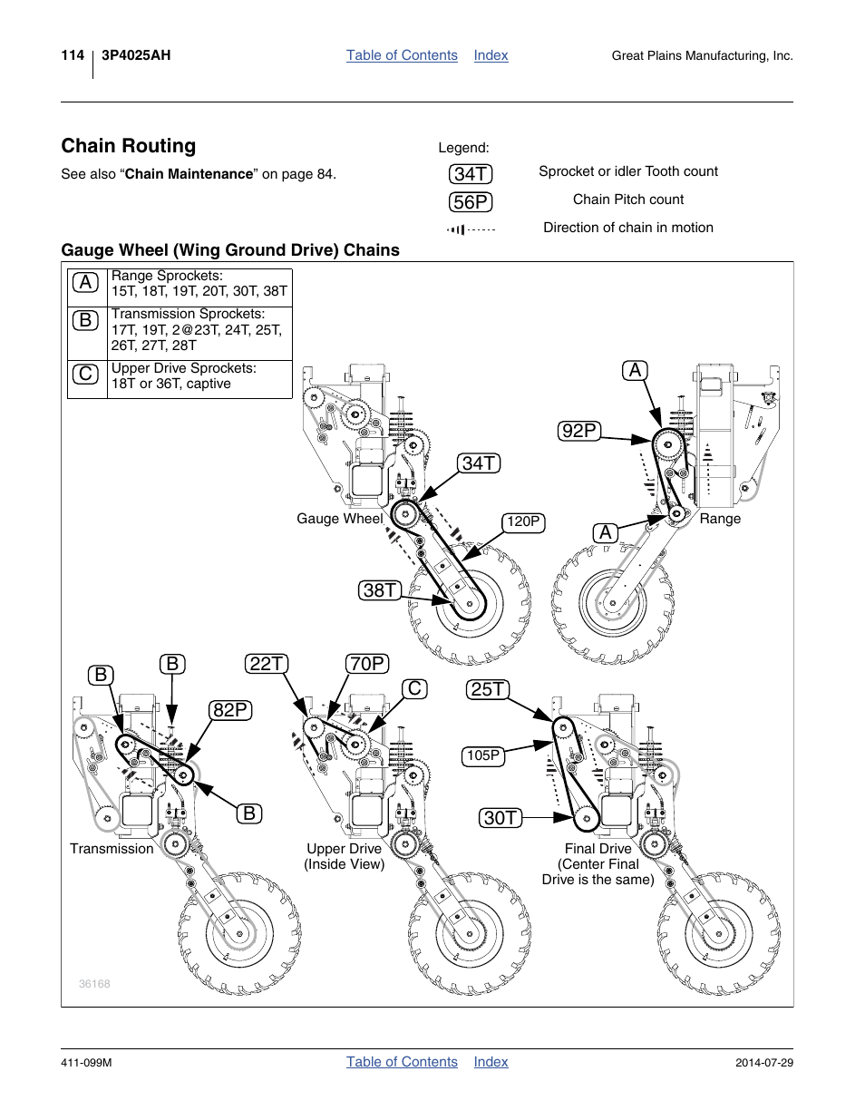 Chain routing, Gauge wheel (wing ground drive) chains, 34t 56p | Ab c, 38t 34t a a b, 82p 70p | Great Plains 3P4025AH Operator Manual User Manual | Page 118 / 132