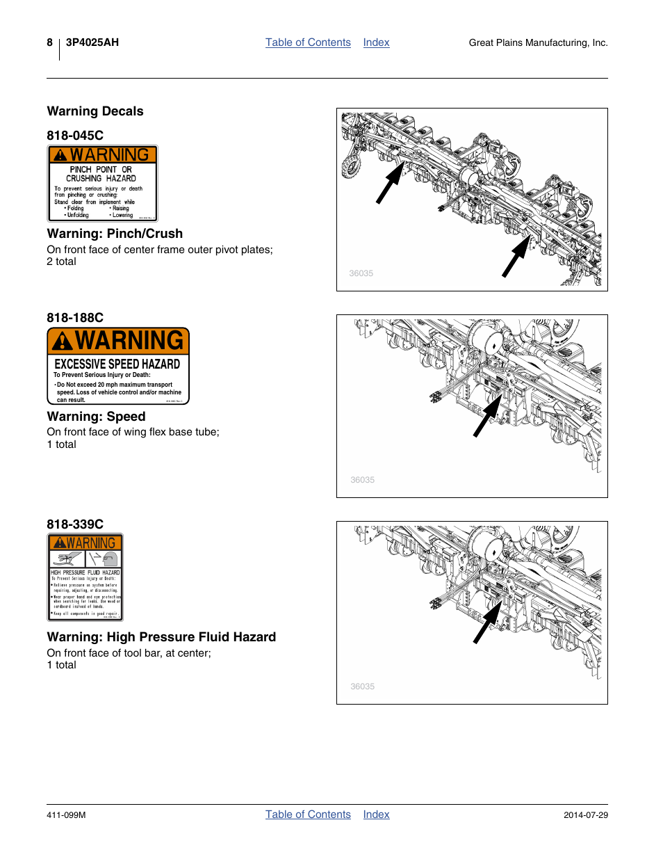Warning decals, 045c warning: pinch/crush, 188c warning: speed | 339c warning: high pressure fluid hazard, Warning, Excessive speed hazard | Great Plains 3P4025AH Operator Manual User Manual | Page 12 / 132
