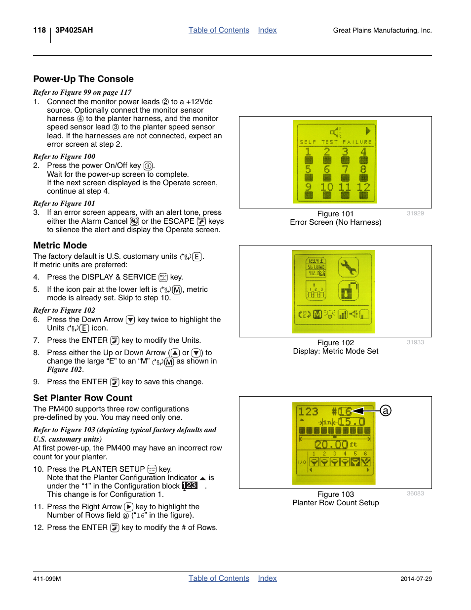 Power-up the console, Metric mode, Set planter row count | Great Plains 3P4025AH Operator Manual User Manual | Page 122 / 132