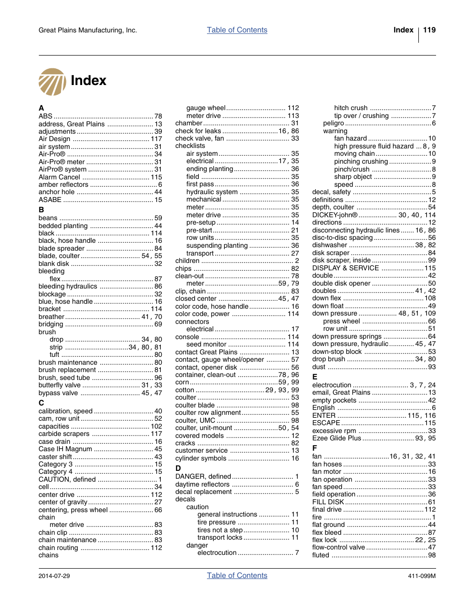 Index | Great Plains 3P4025AH Operator Manual User Manual | Page 127 / 132